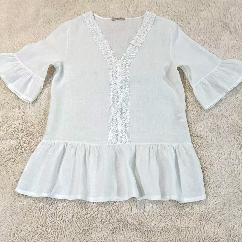 Francesca Bettini 100% Linen Top Lace Detail made in Italy White 3/4 Sleeve Sz S